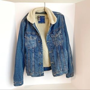 ZARA MAN BLUE FLEECE TRIM DENIM JACKET COLLAR BUTTON MEDIUM RELAXED FIT